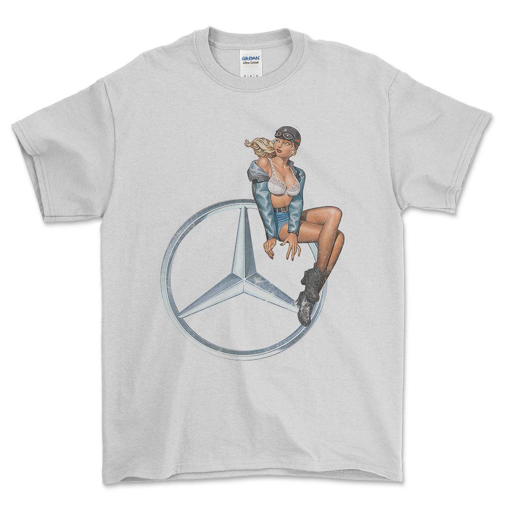 Mercedes Pinup - Unisex T-Shirt , Bomuld-Beklædning-Mercedes-Hvid-S-Forside-Garage Culture Shop- garage - man cave - merchandise