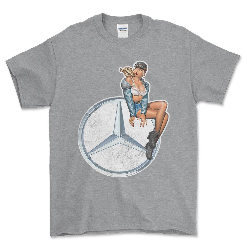 Mercedes Pinup - Unisex T-Shirt , Bomuld-Beklædning-Mercedes-Grå Sport-S-Forside-Garage Culture Shop- garage - man cave - merchandise