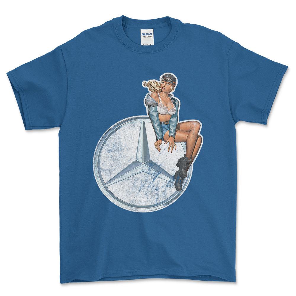 Mercedes Pinup - Unisex T-Shirt , Bomuld-Beklædning-Mercedes-Blå Royal-S-Forside-Garage Culture Shop- garage - man cave - merchandise