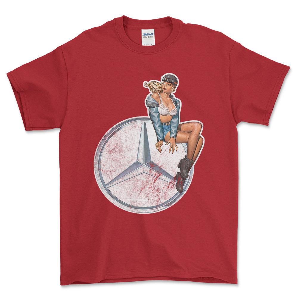 Mercedes Pinup - Unisex T-Shirt , Bomuld-Beklædning-Mercedes-Rød-S-Forside-Garage Culture Shop- garage - man cave - merchandise