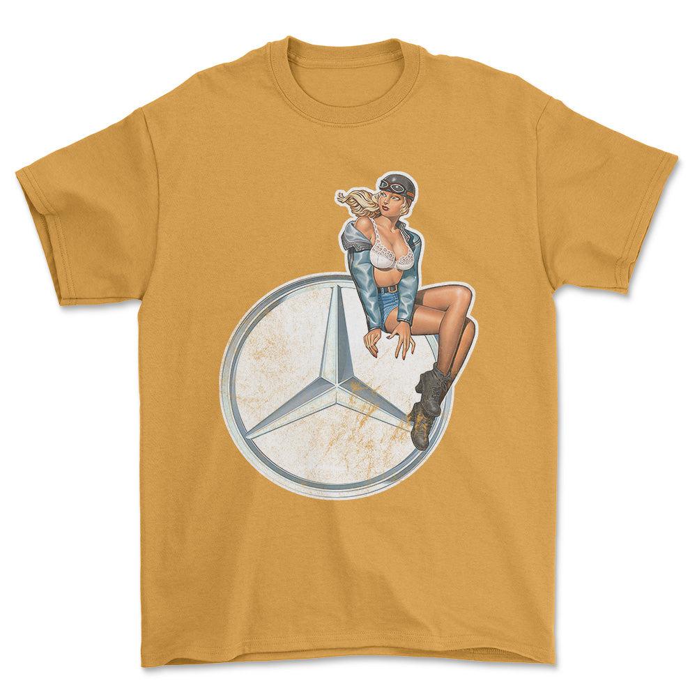 Mercedes Pinup - Unisex T-Shirt , Bomuld-Beklædning-Mercedes-Guld-S-Forside-Garage Culture Shop- garage - man cave - merchandise