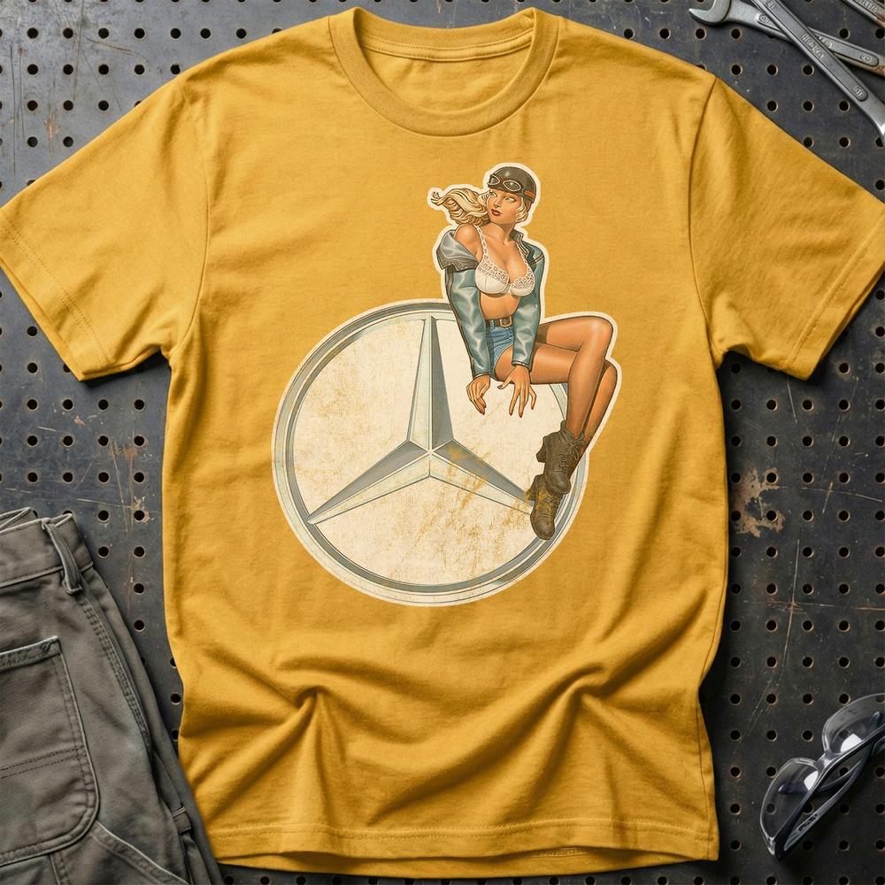 Mercedes Pinup - Unisex T-Shirt , Bomuld-Beklædning-Mercedes-Guld-S-Garage Culture Shop- garage - man cave - merchandise