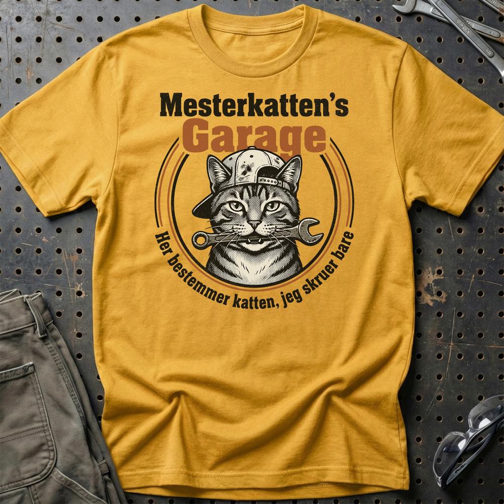 Mesterkattens Garage - Unisex T-Shirt , Bomuld-Beklædning-Garage Culture-Guld-S-Garage Culture Shop- garage - man cave - merchandise