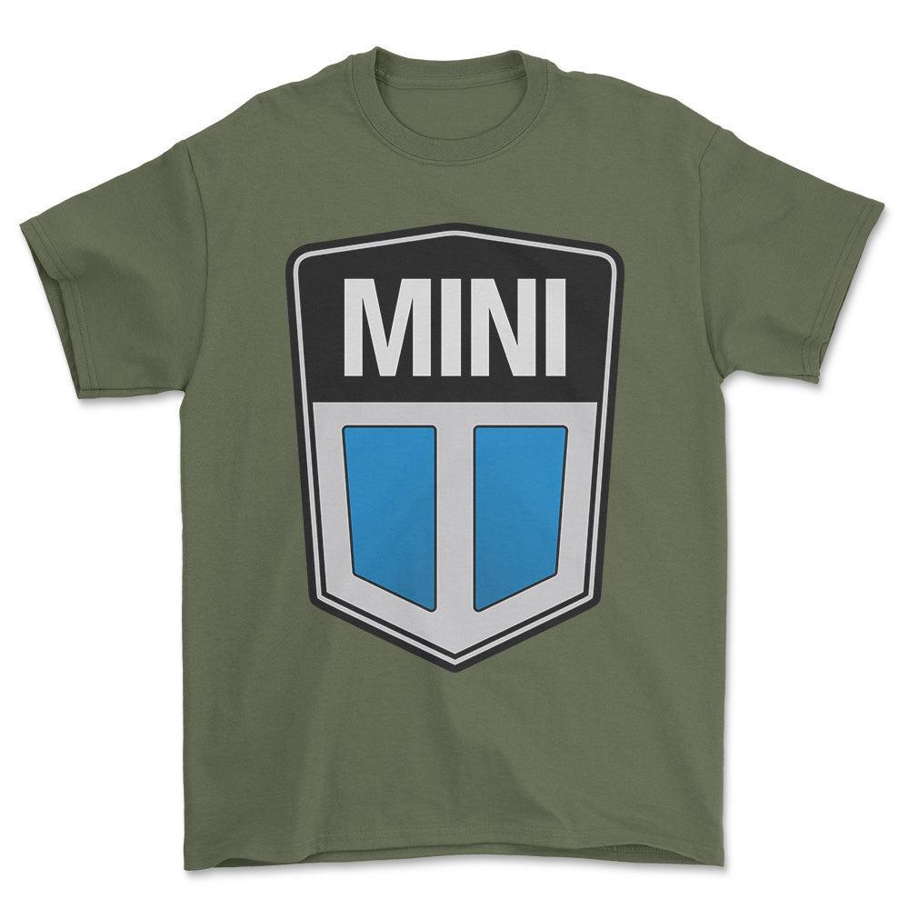 Mini Cooper 1969-2001 - Unisex T-Shirt , Bomuld-Beklædning-Mini-Grøn Militær-S-Forside-Garage Culture Shop- garage - man cave - merchandise