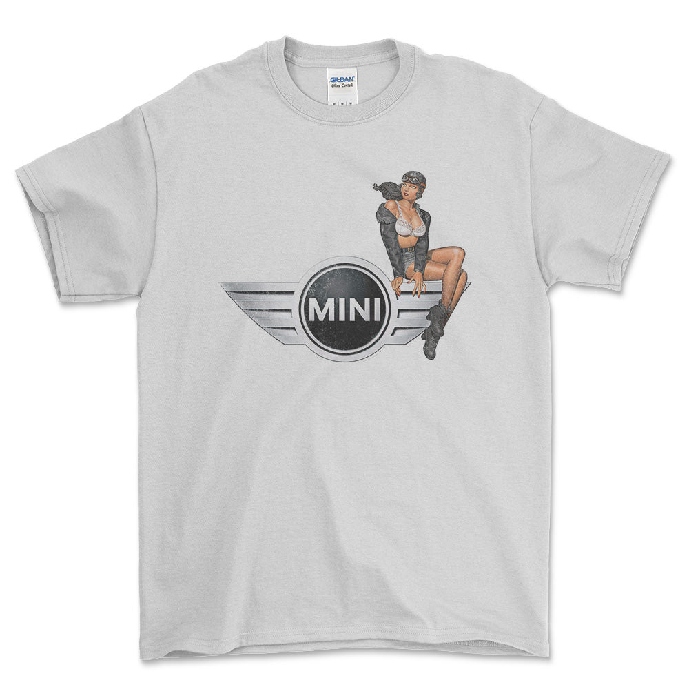 Mini Cooper Pinup - Unisex T-Shirt , Bomuld-Beklædning-Mini-Hvid-S-Forside-Garage Culture Shop- garage - man cave - merchandise