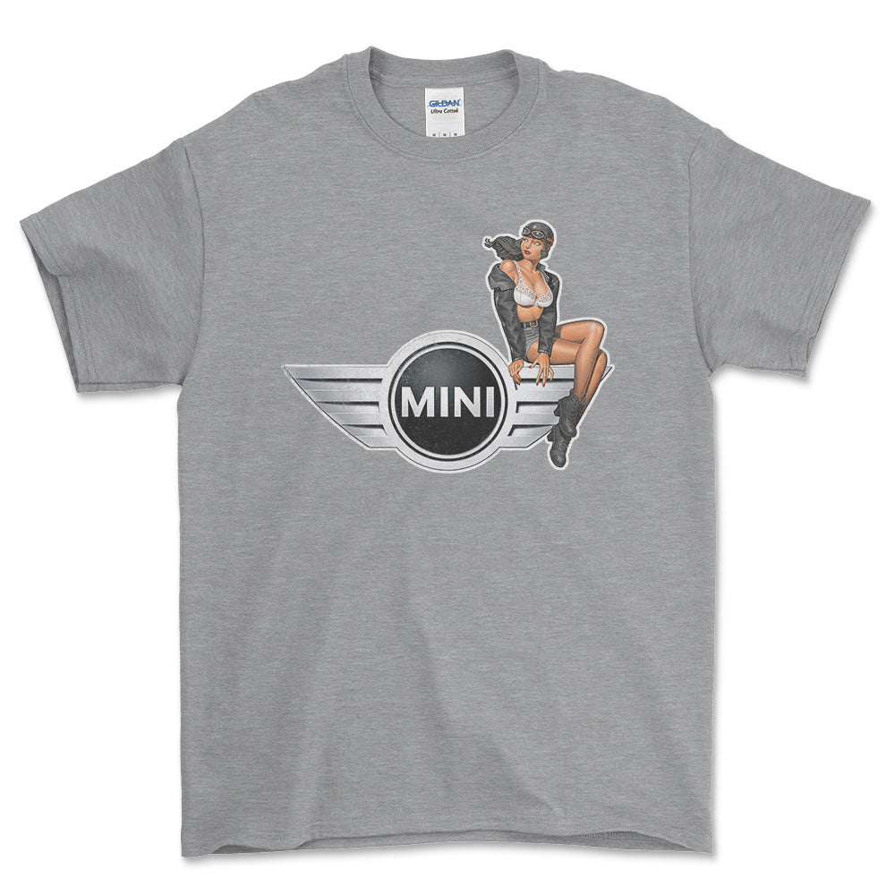 Mini Cooper Pinup - Unisex T-Shirt , Bomuld-Beklædning-Mini-Grå Sport-S-Forside-Garage Culture Shop- garage - man cave - merchandise
