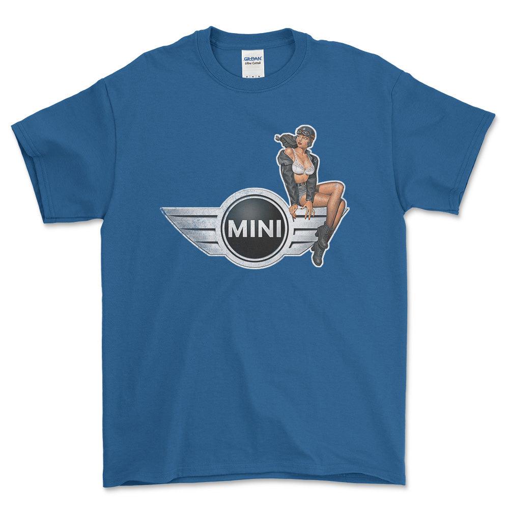 Mini Cooper Pinup - Unisex T-Shirt , Bomuld-Beklædning-Mini-Blå Royal-S-Forside-Garage Culture Shop- garage - man cave - merchandise