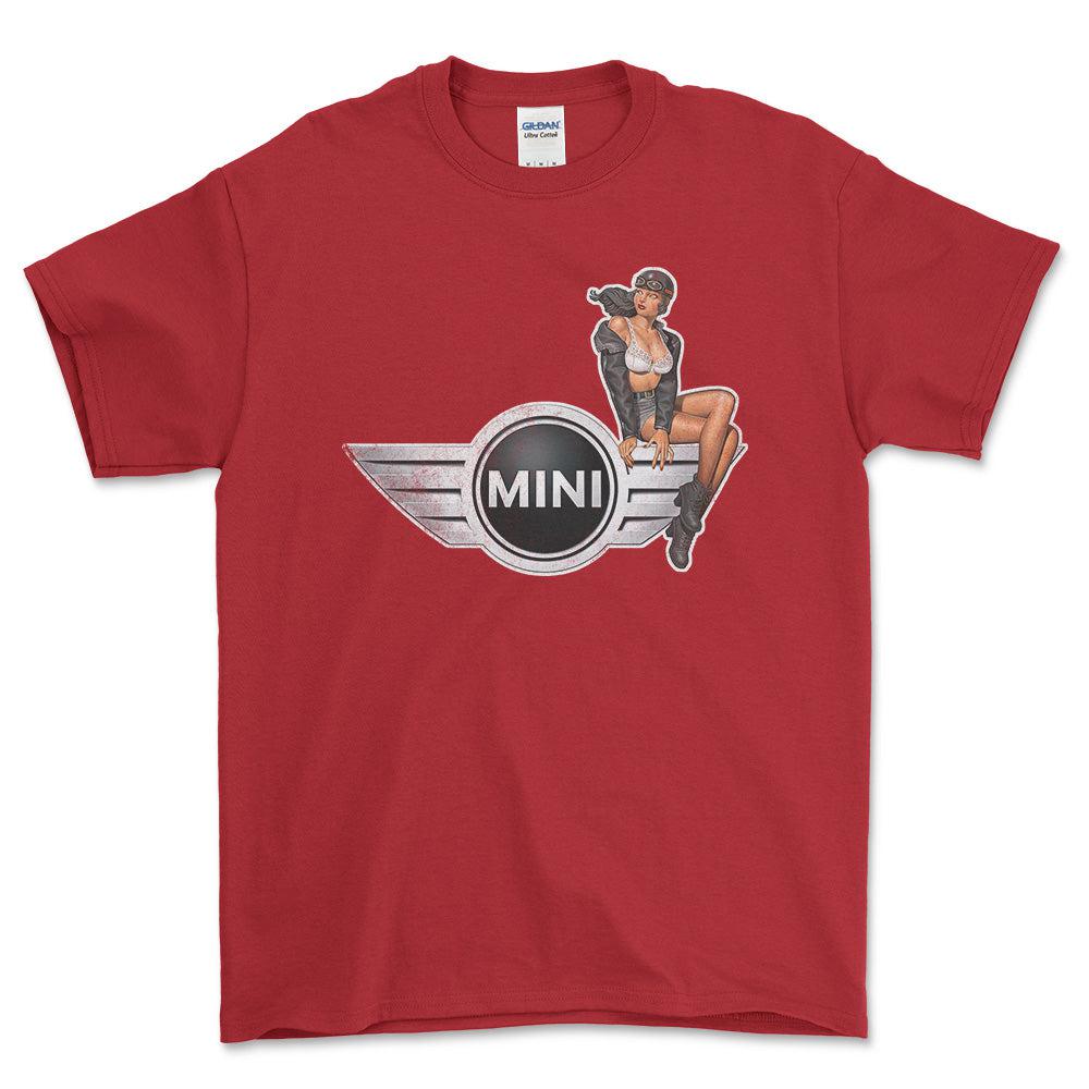 Mini Cooper Pinup - Unisex T-Shirt , Bomuld-Beklædning-Mini-Rød-S-Forside-Garage Culture Shop- garage - man cave - merchandise