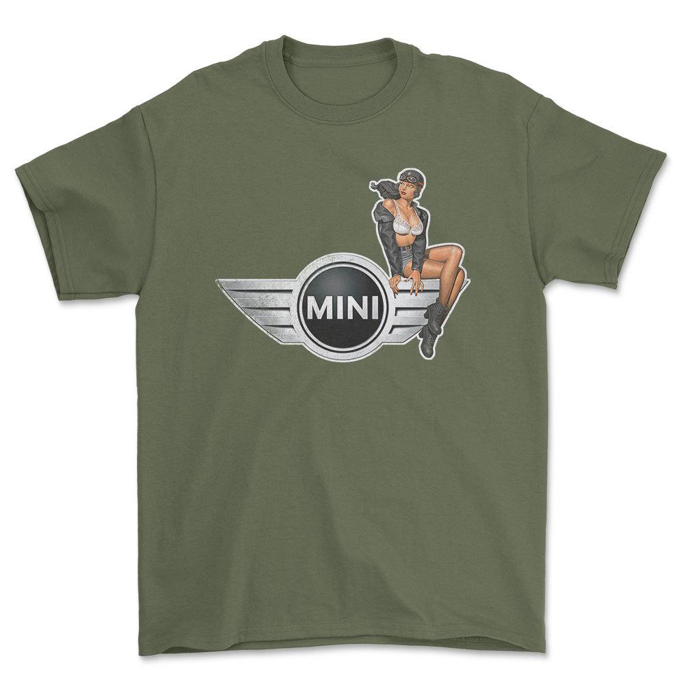 Mini Cooper Pinup - Unisex T-Shirt , Bomuld-Beklædning-Mini-Grøn Militær-S-Forside-Garage Culture Shop- garage - man cave - merchandise