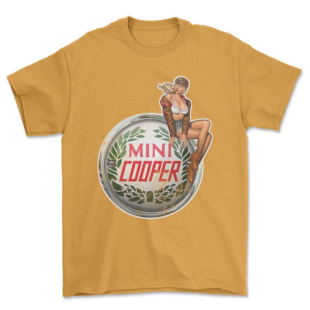 Mini Cooper Pinup - Unisex T-Shirt , Bomuld-Beklædning-Mini-Garage Culture Shop- garage - man cave - merchandise