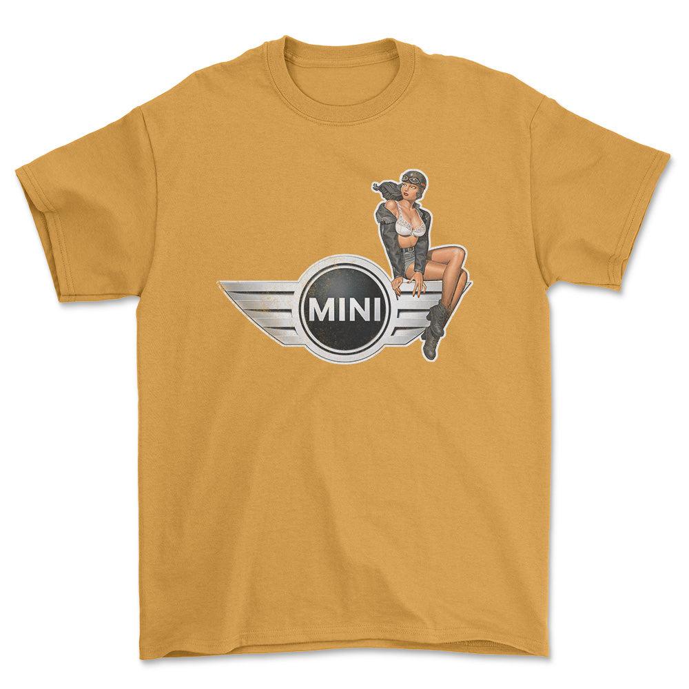 Mini Cooper Pinup - Unisex T-Shirt , Bomuld-Beklædning-Mini-Guld-S-Forside-Garage Culture Shop- garage - man cave - merchandise