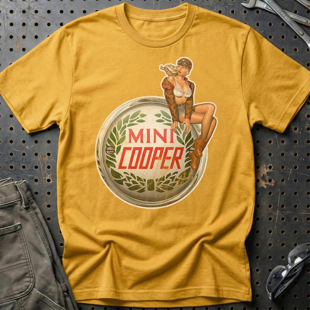 Mini Cooper Pinup - Unisex T-Shirt , Bomuld-Beklædning-Mini-Guld-S-Garage Culture Shop- garage - man cave - merchandise