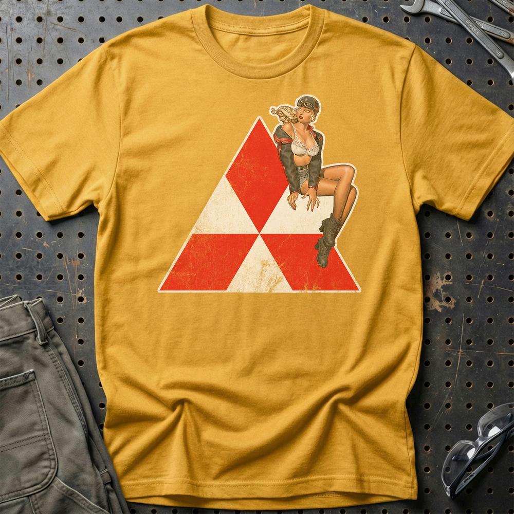 Mitsubishi Pinup - Unisex T-Shirt , Bomuld-Beklædning-Mitsubishi-Guld-S-Garage Culture Shop- garage - man cave - merchandise