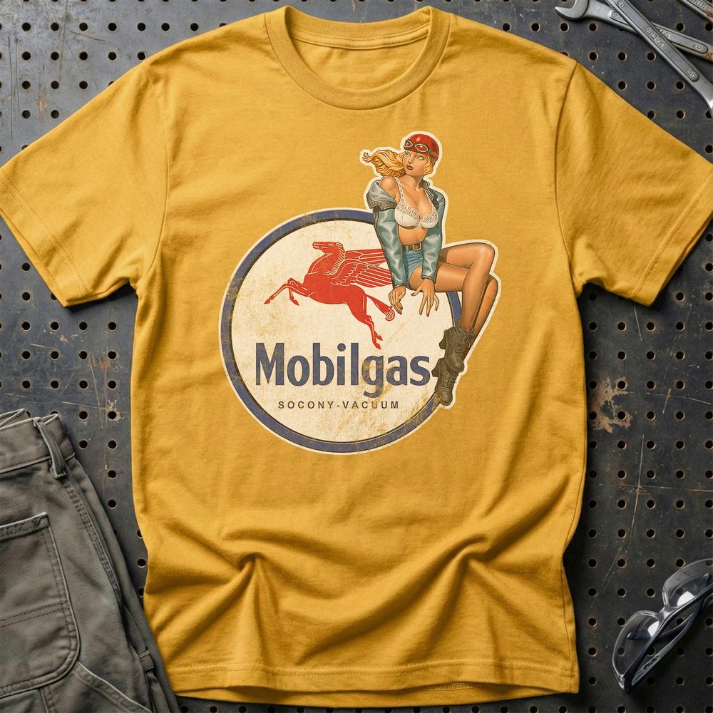 Mobilgas Pinup - Unisex T-Shirt , Bomuld-Beklædning-Motoroil-Guld-S-Garage Culture Shop- garage - man cave - merchandise