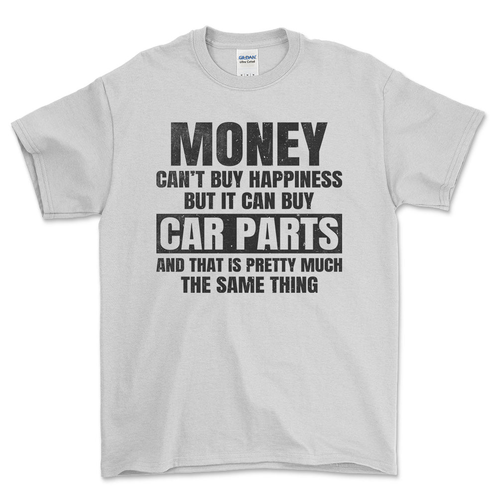 Money can't buy happiness but it can buy car parts T-Shirt , Bomuld-Beklædning-Garage Culture-Hvid-S-Forside-Garage Culture Shop- garage - man cave - merchandise