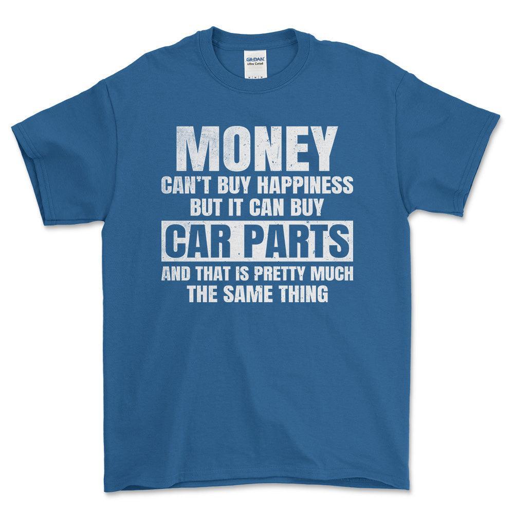 Money can't buy happiness but it can buy car parts T-Shirt , Bomuld-Beklædning-Garage Culture-Blå Royal-S-Forside-Garage Culture Shop- garage - man cave - merchandise