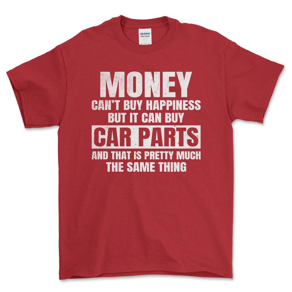 Money can't buy happiness but it can buy car parts T-Shirt , Bomuld-Beklædning-Garage Culture-Rød-S-Forside-Garage Culture Shop- garage - man cave - merchandise