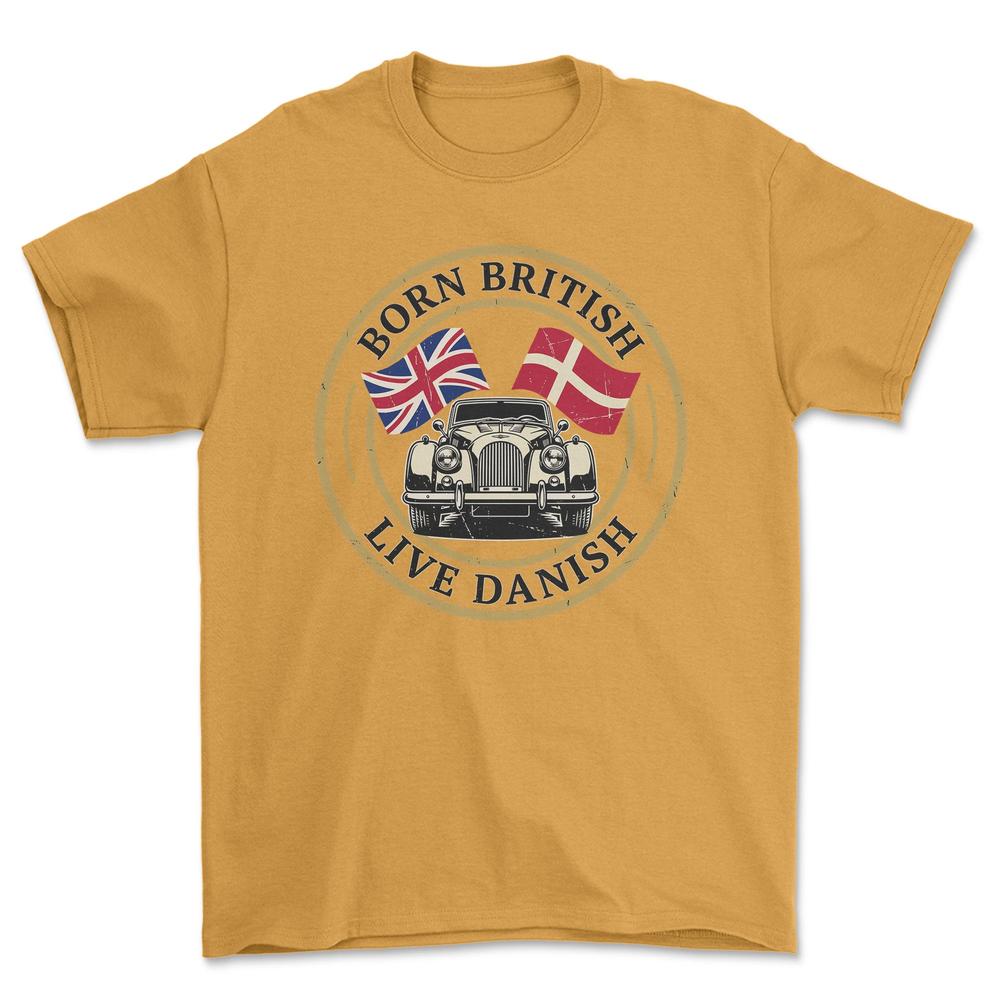 Morgan Born British Live Danish - Unisex T-Shirt , Bomuld-Beklædning-Morgan-Guld-S-Garage Culture Shop- garage - man cave - merchandise