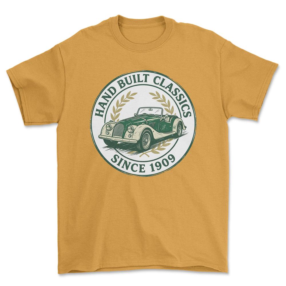 Morgan Hand Built Classics - Unisex T-Shirt , Bomuld-Beklædning-Morgan-Guld-S-Garage Culture Shop- garage - man cave - merchandise