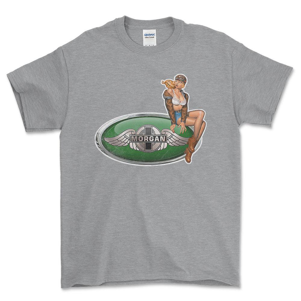 Morgan Pinup - Unisex T-Shirt , Bomuld-Beklædning-Morgan-Grå Sport-S-Forside-Garage Culture Shop- garage - man cave - merchandise