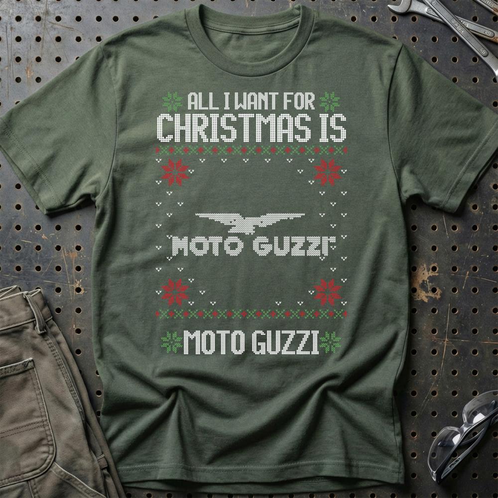 Moto Guzzi - All I Want For Christmas - Unisex T-Shirt , Bomuld-Beklædning-Moto Guzzi-Grøn Militær-S-Garage Culture Shop- garage - man cave - merchandise