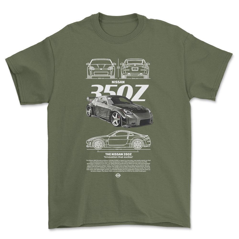 Nissan 350Z - Unisex T-Shirt , Bomuld-Beklædning-Nissan-Grøn Militær-S-Forside-Garage Culture Shop- garage - man cave - merchandise