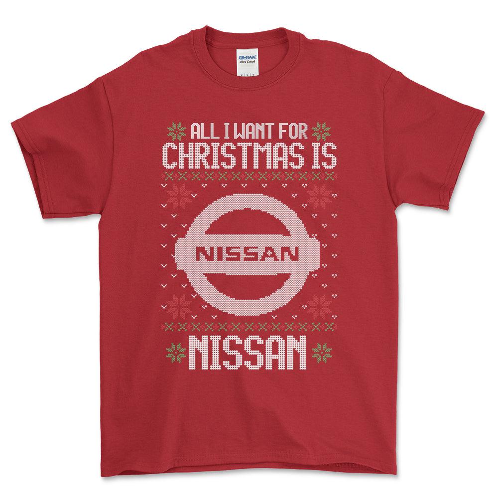 Nissan - All I Want For Christmas - Unisex T-Shirt , Bomuld-Beklædning-Nissan-Rød-S-Forside-Garage Culture Shop- garage - man cave - merchandise