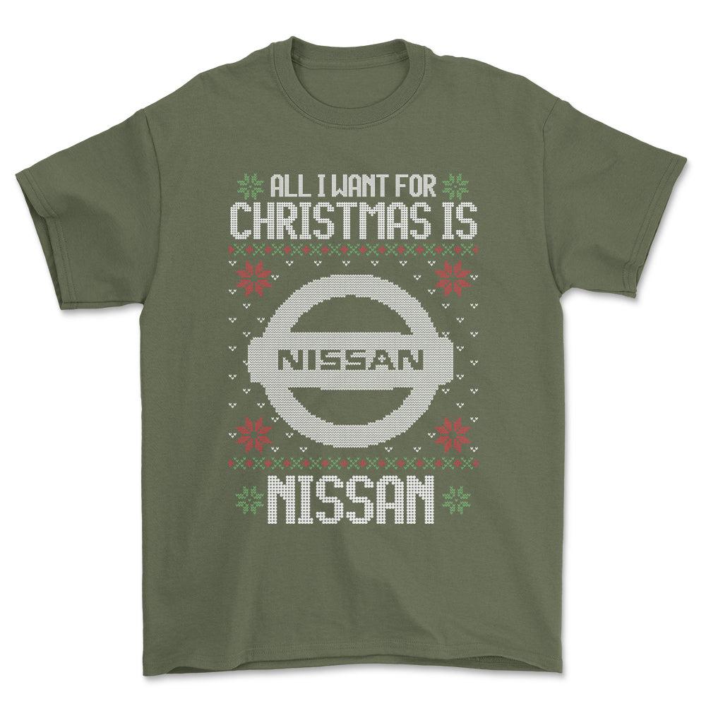 Nissan - All I Want For Christmas - Unisex T-Shirt , Bomuld-Beklædning-Nissan-Grøn Militær-S-Forside-Garage Culture Shop- garage - man cave - merchandise