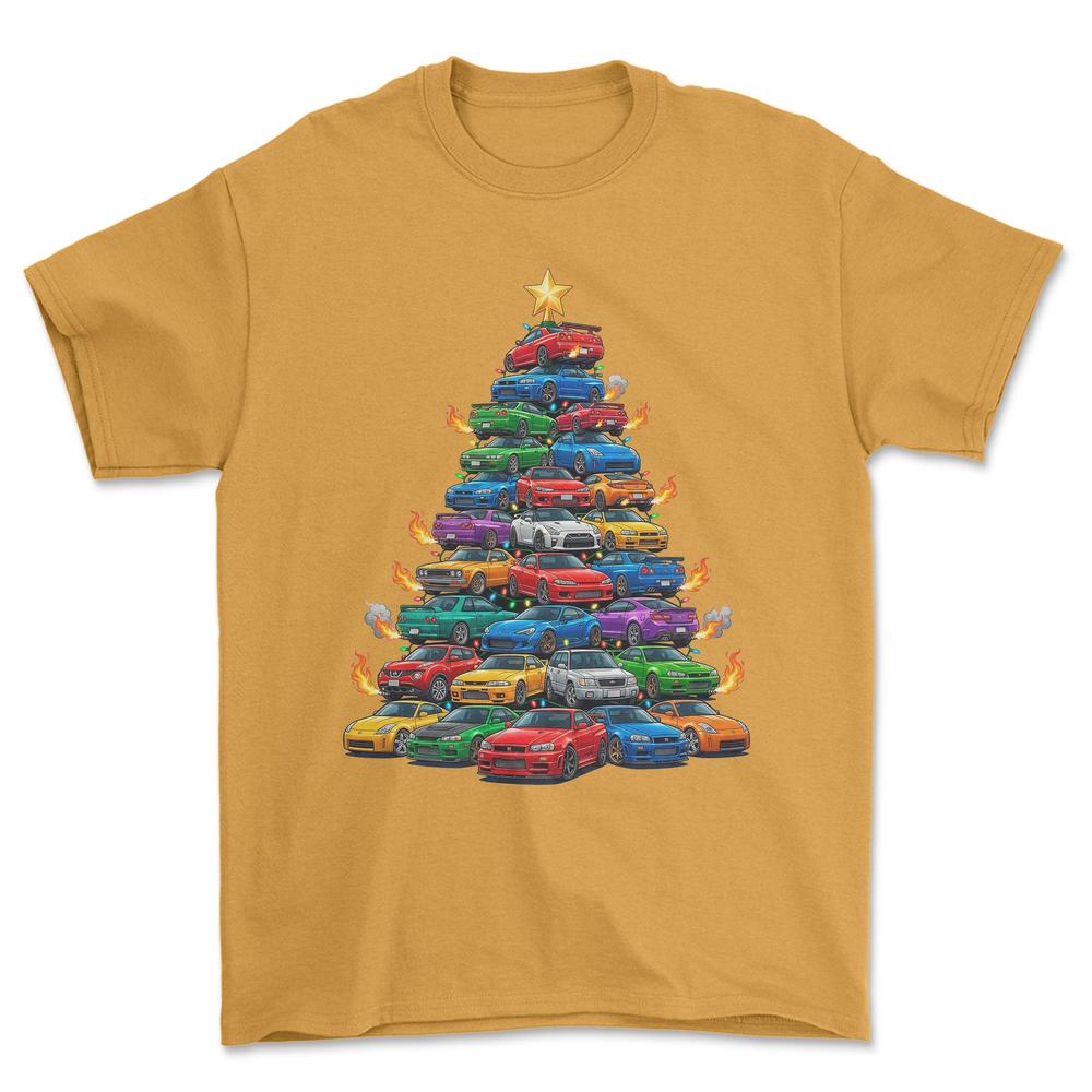 Nissan Juletræ Christmas Tree - Unisex T-Shirt-Beklædning-Nissan-Guld-S-Forside-Garage Culture Shop- garage - man cave - merchandise