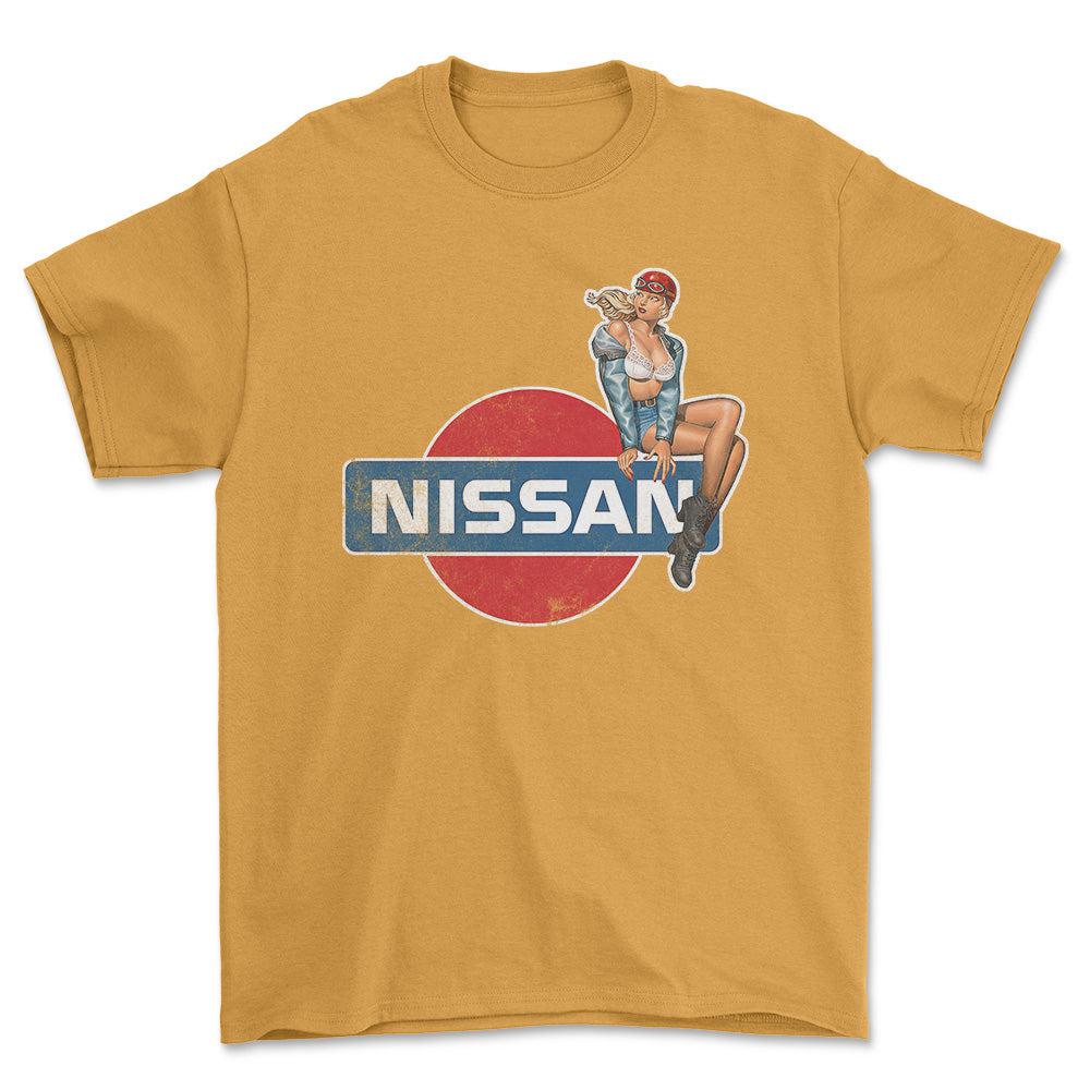 Nissan Pinup - Unisex T-Shirt , Bomuld-Beklædning-Nissan-Garage Culture Shop- garage - man cave - merchandise