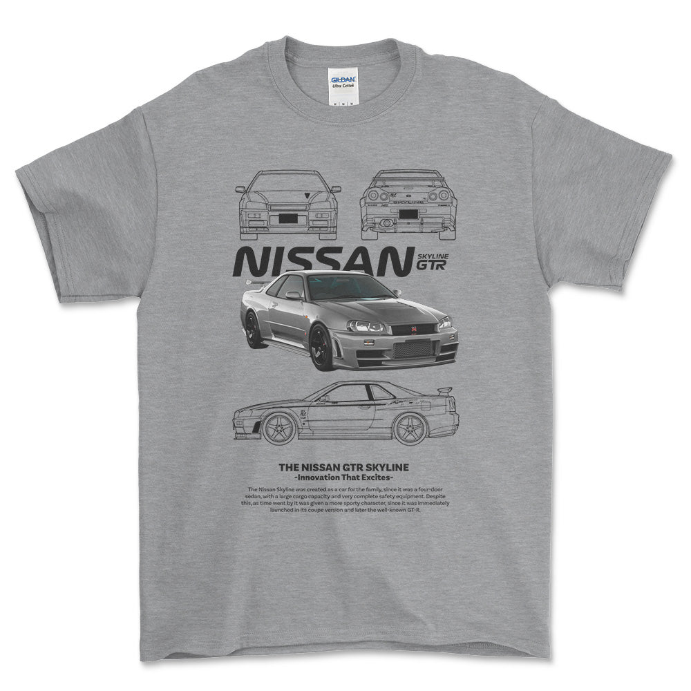 Nissan Skyline GTR - Unisex T-Shirt , Bomuld-Beklædning-Nissan-Grå Sport-S-Forside-Garage Culture Shop- garage - man cave - merchandise