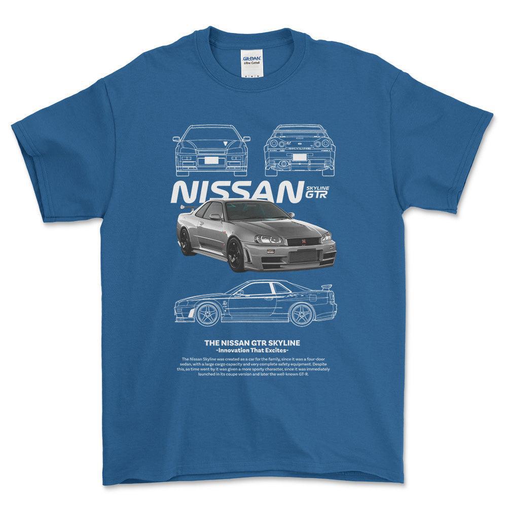 Nissan Skyline GTR - Unisex T-Shirt , Bomuld-Beklædning-Nissan-Blå Royal-S-Forside-Garage Culture Shop- garage - man cave - merchandise
