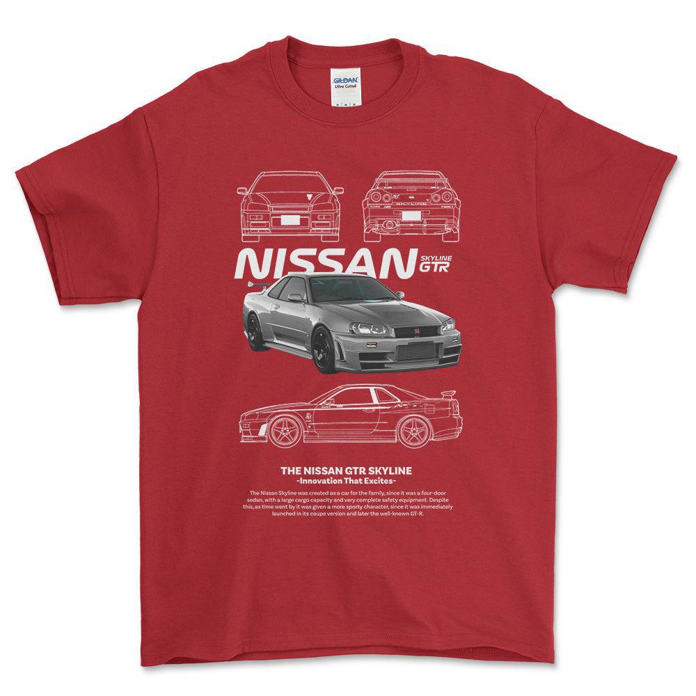 Nissan Skyline GTR - Unisex T-Shirt , Bomuld-Beklædning-Nissan-Rød-S-Forside-Garage Culture Shop- garage - man cave - merchandise