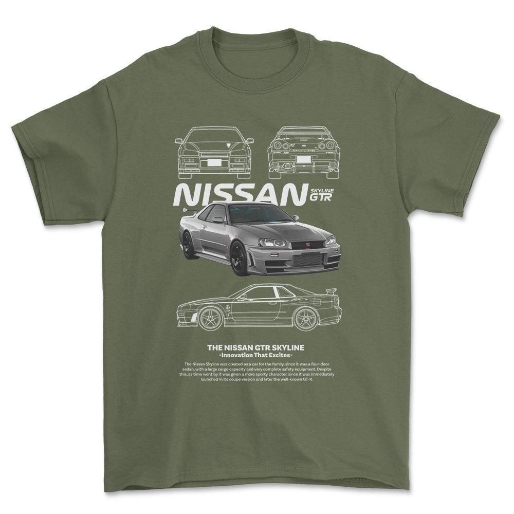 Nissan Skyline GTR - Unisex T-Shirt , Bomuld-Beklædning-Nissan-Grøn Militær-S-Forside-Garage Culture Shop- garage - man cave - merchandise