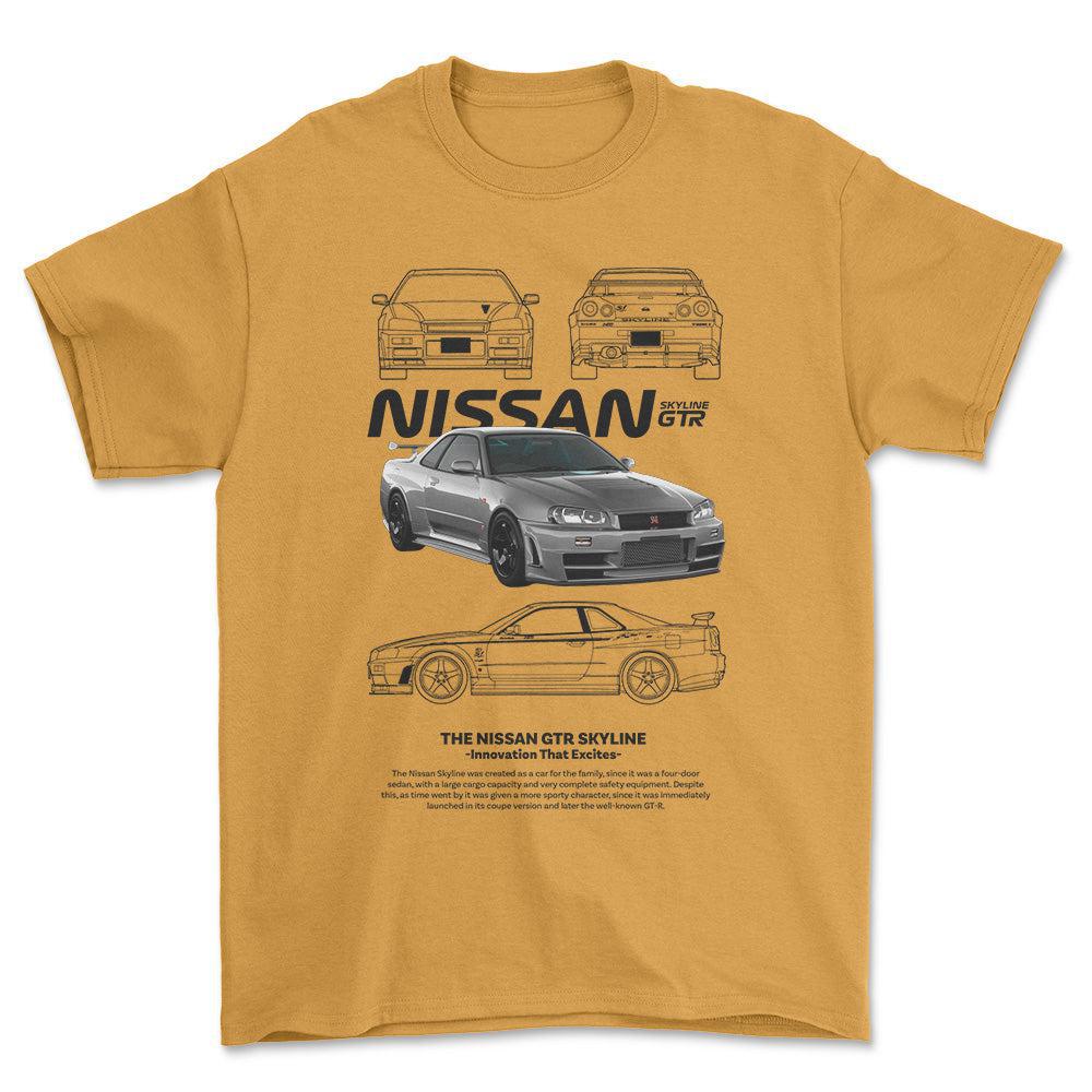 Nissan Skyline GTR - Unisex T-Shirt , Bomuld-Beklædning-Nissan-Guld-S-Forside-Garage Culture Shop- garage - man cave - merchandise