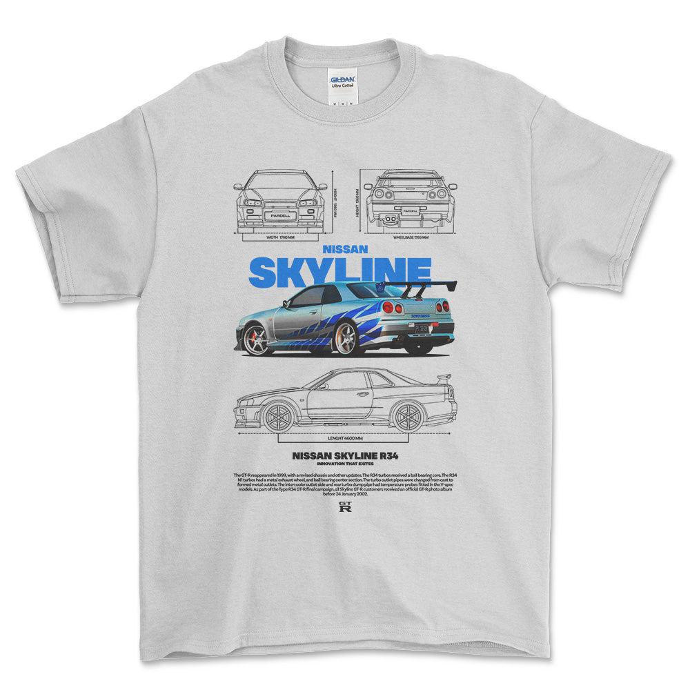 Nissan Skyline R34 - Unisex T-Shirt , Bomuld-Beklædning-Nissan-Hvid-S-Forside-Garage Culture Shop- garage - man cave - merchandise