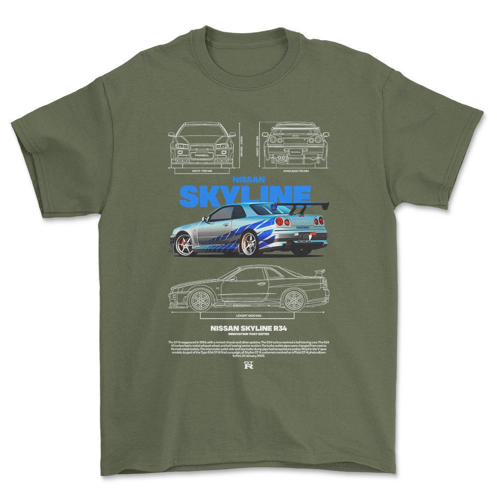 Nissan Skyline R34 - Unisex T-Shirt , Bomuld-Beklædning-Nissan-Grøn Militær-S-Forside-Garage Culture Shop- garage - man cave - merchandise