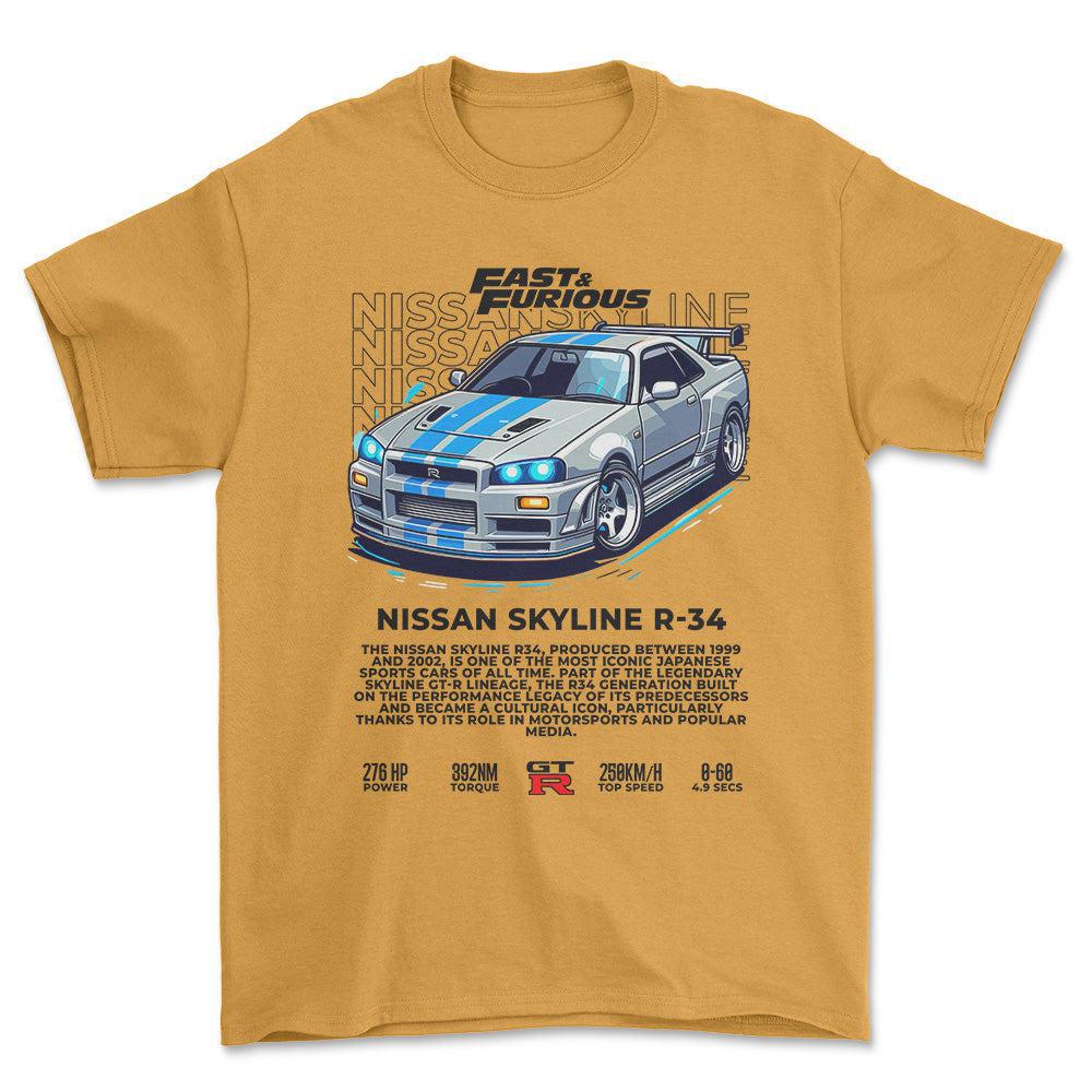 Nissan Skyline R34 - Unisex T-Shirt , Bomuld-Beklædning-Nissan-Guld-S-Forside-Garage Culture Shop- garage - man cave - merchandise