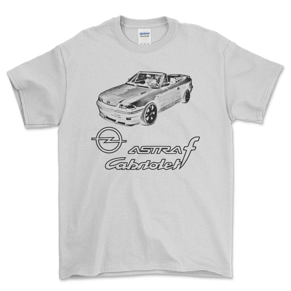 Opel - Opel Astra F Cabrio Unisex T-Shirt , Bomuld-Beklædning-Opel-Hvid-S-Forside-Garage Culture Shop- garage - man cave - merchandise