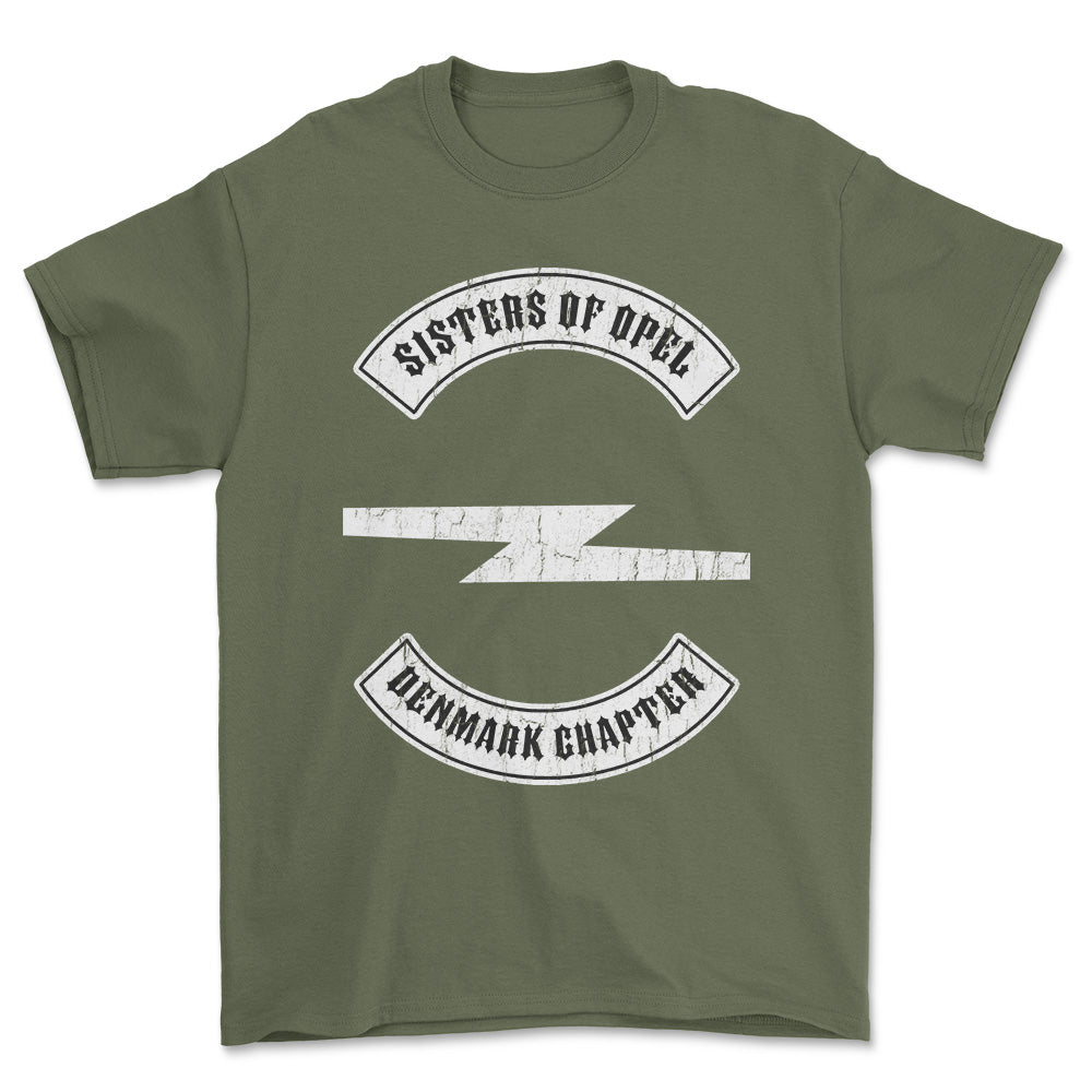 Opel Sisters Of Opel Denmark Chapter Unisex T-Shirt , Bomuld-Beklædning-Opel-Grøn Militær-S-Forside-Garage Culture Shop- garage - man cave - merchandise
