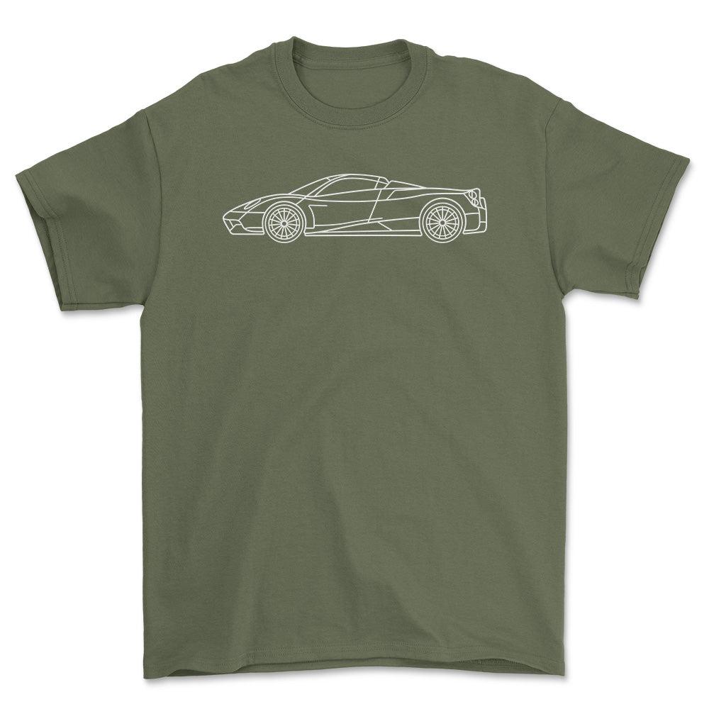 Pagana Huayra Roadster Outline - Unisex T-Shirt , Bomuld-Beklædning-Pagana-Grøn Militær-S-Forside-Garage Culture Shop- garage - man cave - merchandise