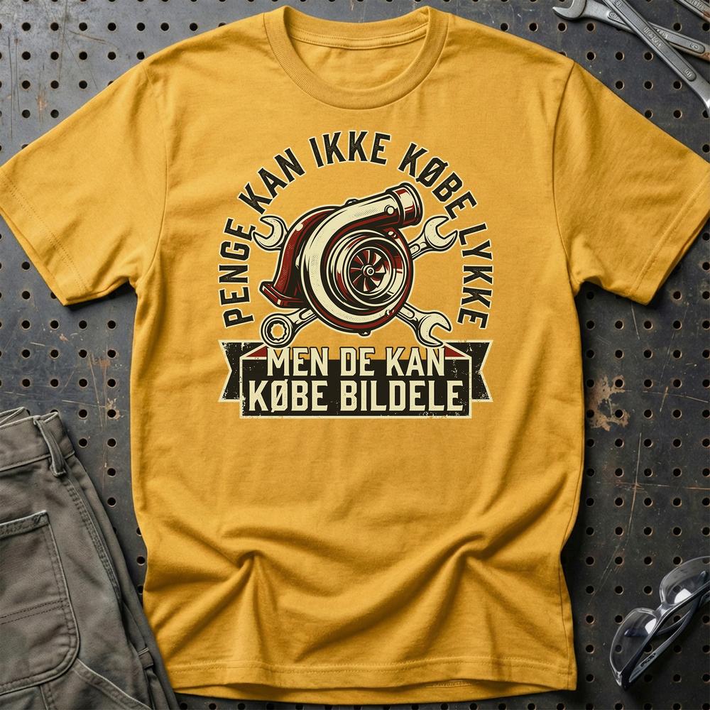 Penge Kan Ikke Købe Lykke – Men De Kan Købe Bildele Unisex T-Shirt , Bomuld-Beklædning-Garage Culture-Guld-S-Garage Culture Shop- garage - man cave - merchandise