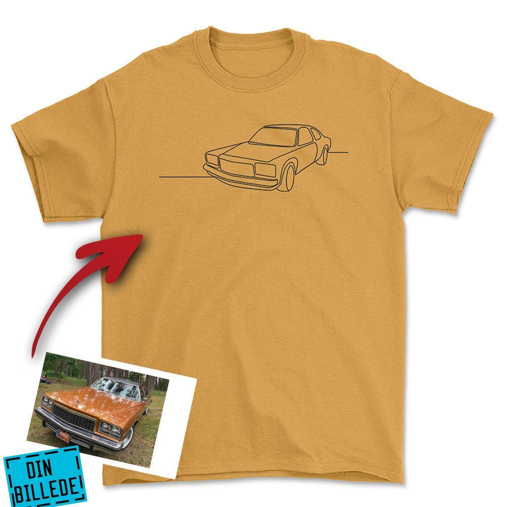 Personlig - Din Bil One Line Style - Med Din Bil MC Billede Unisex T-Shirt , Bomuld-Beklædning-Garage Culture-Guld-S-Forside-Garage Culture Shop- garage - man cave - merchandise