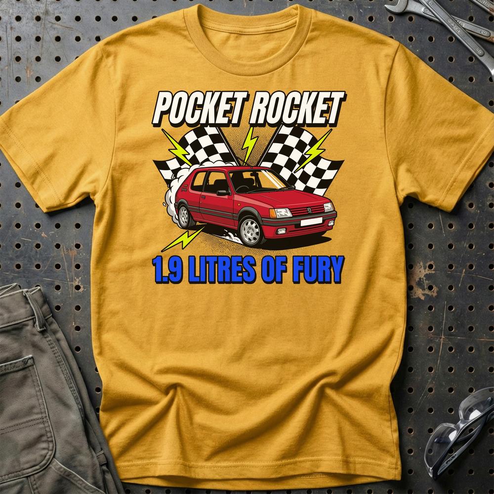 Peugeot 205 GTI Pocket Rocket 1.9 Litres of Fury- Unisex T-Shirt-Beklædning-Peugeot-Guld-S-Garage Culture Shop- garage - man cave - merchandise