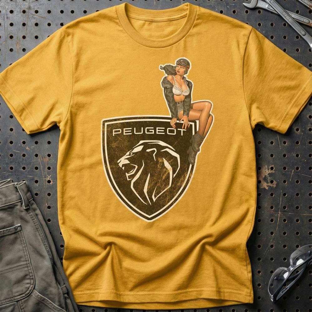 Peugeot Pinup - Unisex T-Shirt , Bomuld-Beklædning-Peugeot-Guld-S-Garage Culture Shop- garage - man cave - merchandise