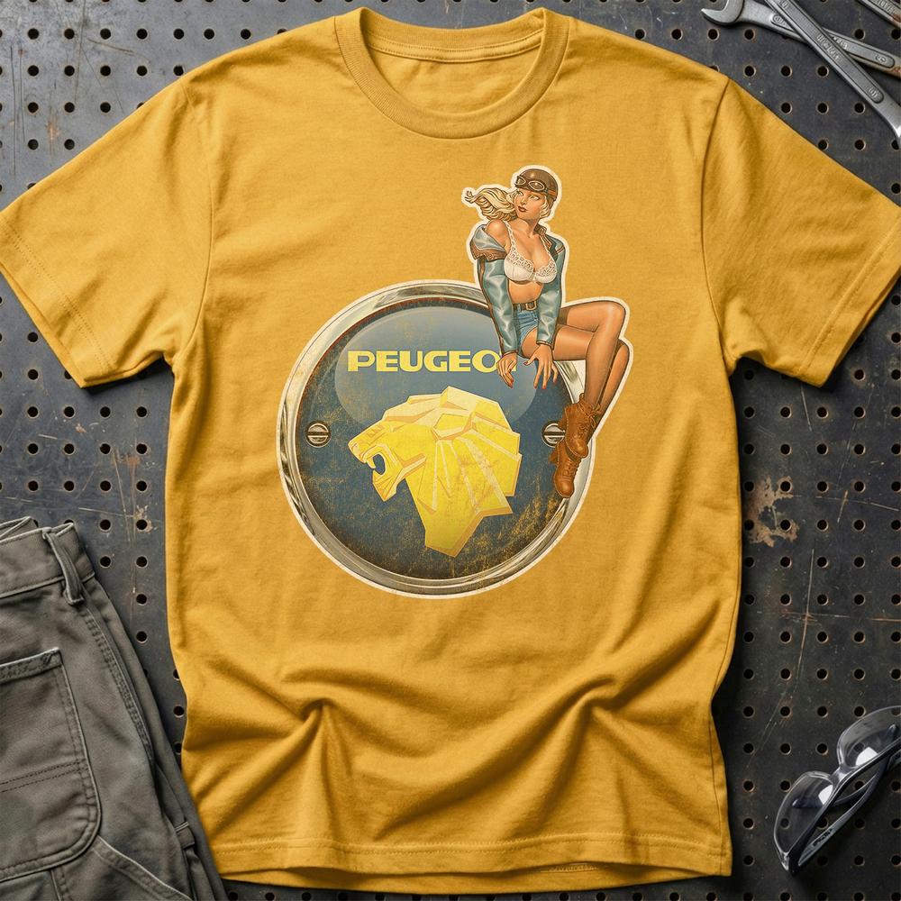 Peugeot Pinup - Unisex T-Shirt , Bomuld-Beklædning-Peugeot-Guld-S-Garage Culture Shop- garage - man cave - merchandise