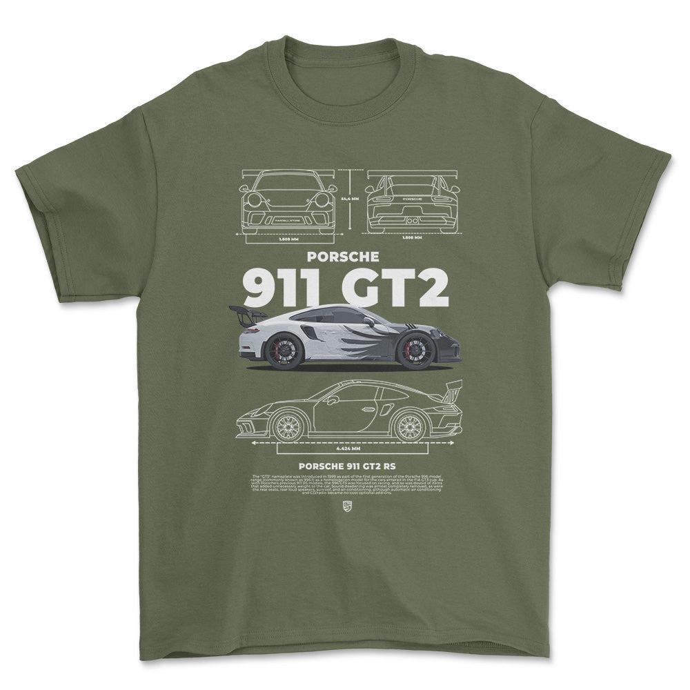Porsche 911 GT2 RS - Unisex T-Shirt-Beklædning-Porsche-Grøn Militær-S-Forside-Garage Culture Shop- garage - man cave - merchandise