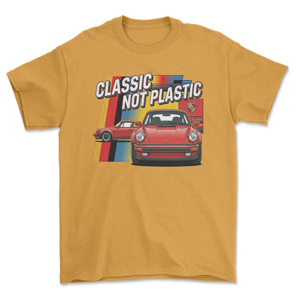Porsche 911 Turbo Classic Not Plastic - Unisex T-Shirt-Beklædning-Porsche-Guld-S-Forside-Garage Culture Shop- garage - man cave - merchandise