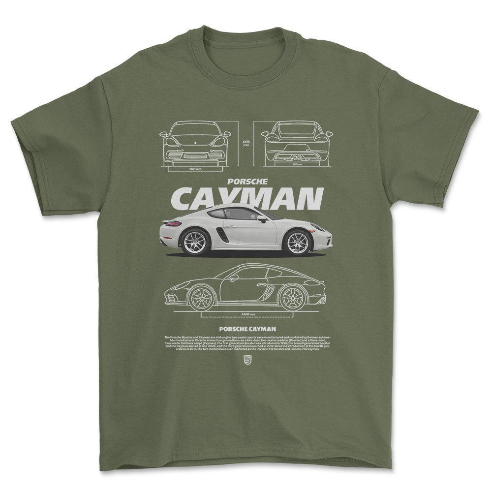 Porsche Cayman - Unisex T-Shirt-Beklædning-Porsche-Grøn Militær-S-Forside-Garage Culture Shop- garage - man cave - merchandise