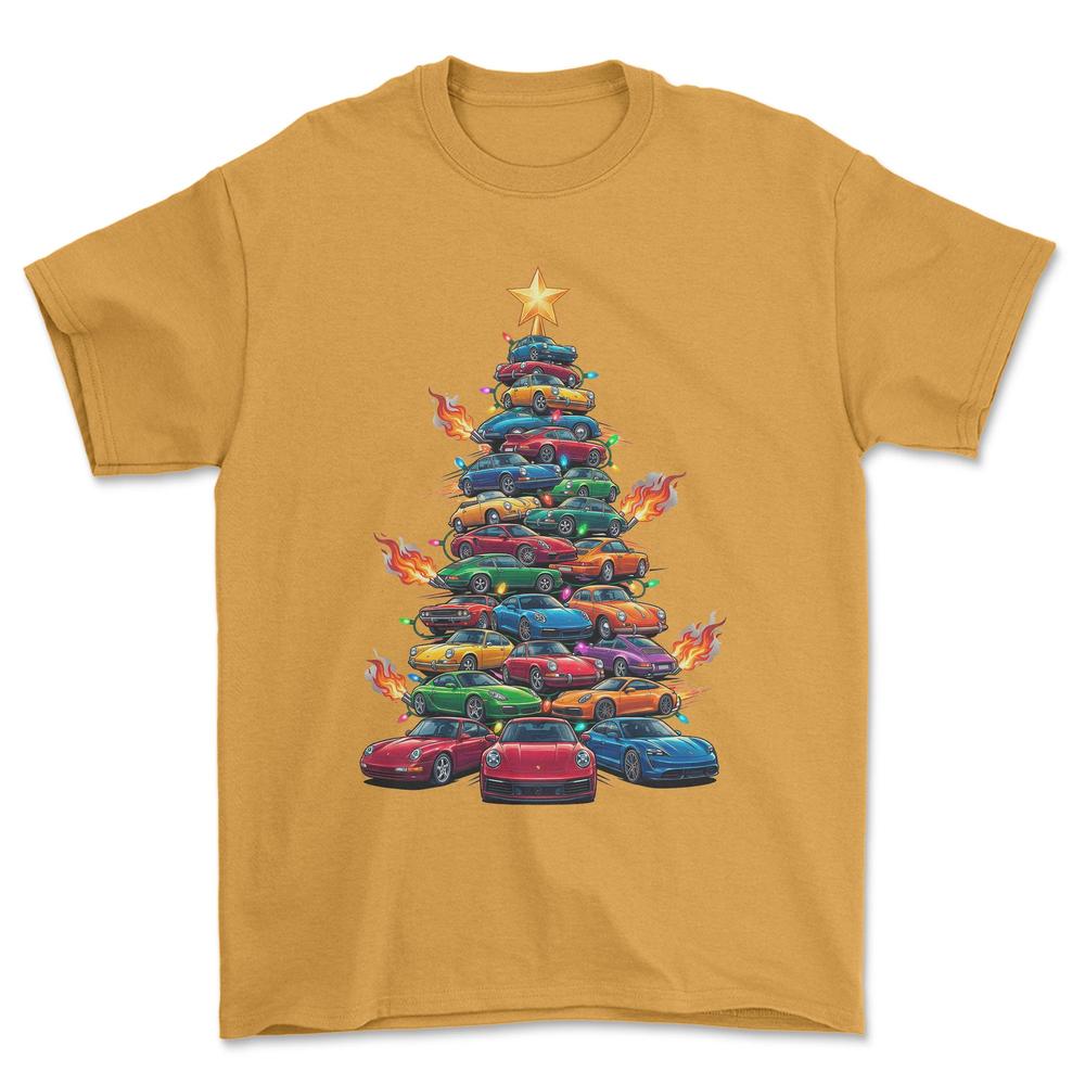Porsche Juletræ Christmas Tree - Unisex T-Shirt-Beklædning-Porsche-Guld-S-Forside-Garage Culture Shop- garage - man cave - merchandise